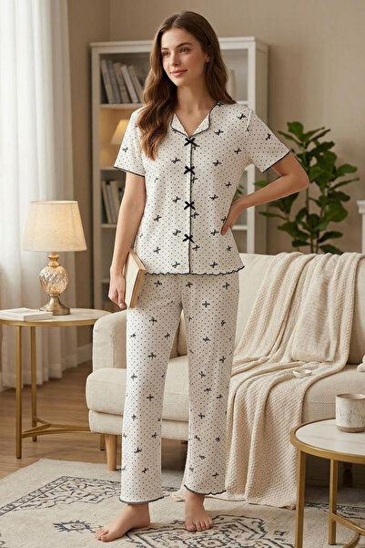 Fulla Moda Bow and Polka Dot Patterned V-Neck Pajama Set