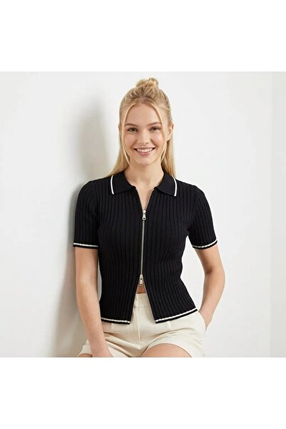 Park Karon 12475 Short Sleeve Zipper Detailed Polo Collar Premium Yarn Camiso...