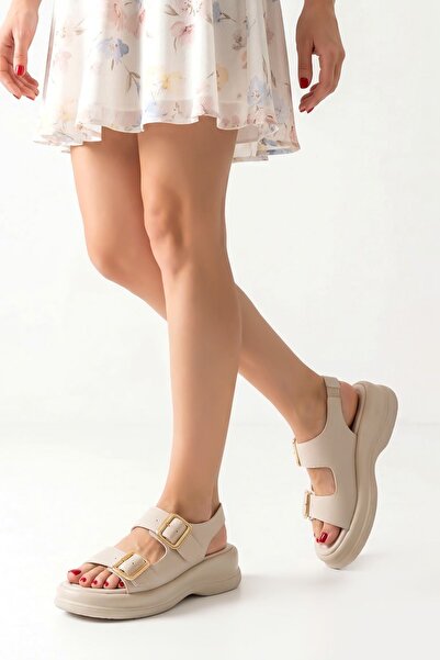 sefayol Γυναικεία σανδάλια Lemoine σε μπεζ ματ δερμάτινη αγκράφα