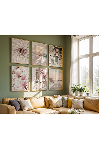 TekTablo Σετ 6 πίνακων με ξύλινο πλαίσιο, λουλουδάτο & vintage μοντέρνο ντεκό...