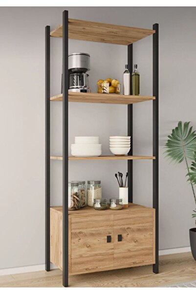 WOODENSA Çok Amaçlı Tek Dolaplı 3 Raflı Ünite (Siyah Profil Çam Sunta)