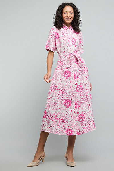 R&B Floral Print Shirt Dress with Short Sleeves