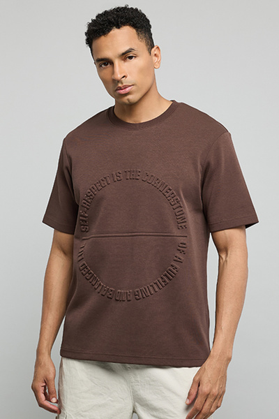 R&B Embossed Print T-Shirt with Crew Neck and Short Sleeves