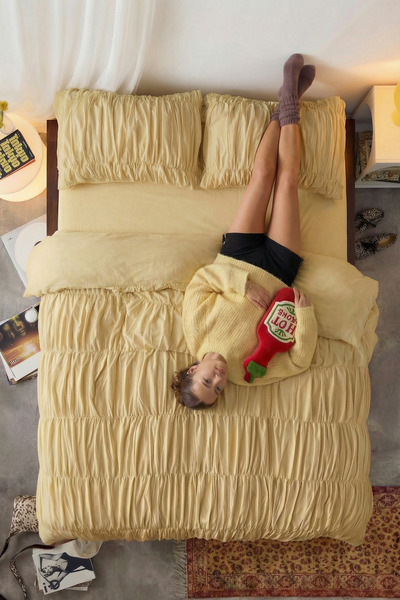 BEYAZLALE Σετ Παπλωματοθήκη Διπλής Κρεβατοκάμαρας από Κίτρινο Βαμβάκι με Κορδ...