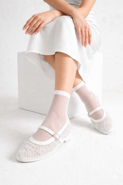 HİGHRUN Transparent Ballerinas with Bead and Embroidery Detail