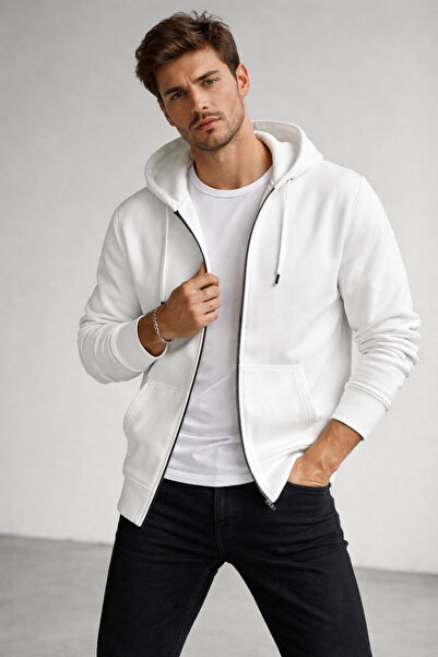 Rich Ανδρική ζακέτα με κουκούλα από λευκό βαμβάκι, βασική, με σχέδιο στρας