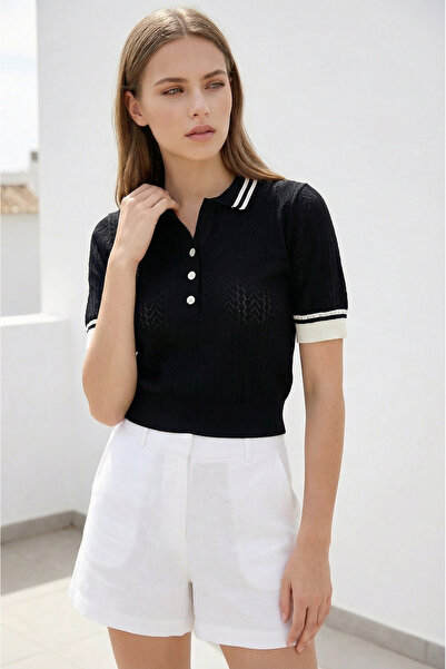 SAYZEN YOUR SHİNE Γυναικείο crop μπλουζάκι με γιακά πόλο και διάτρητη λεπτομέ...