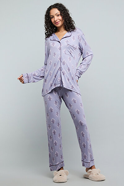 R&B Patterned Lapel Collar Pyjama Set