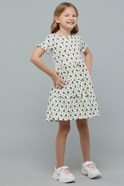R&B Printed Tiered Dress with Crew Neck and Short Sleeves