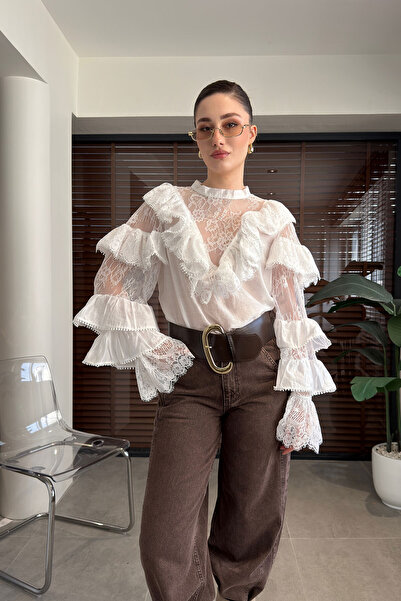 MAGARDE Spanish Sleeve Detailed Lace Shirt - White