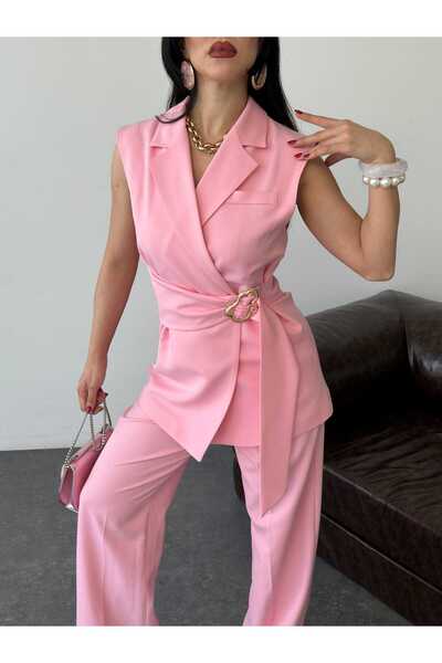 MYGİYİMİSTANBUL Kadın Blazer Yelek ve Pantalon Takım Beline bağlanmış geniş b...