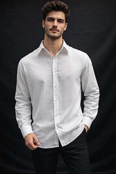 Cansay Giyim Men's White Crinkle (Wrinkle Effect) Shirt Relaxed Fit Long Slee...