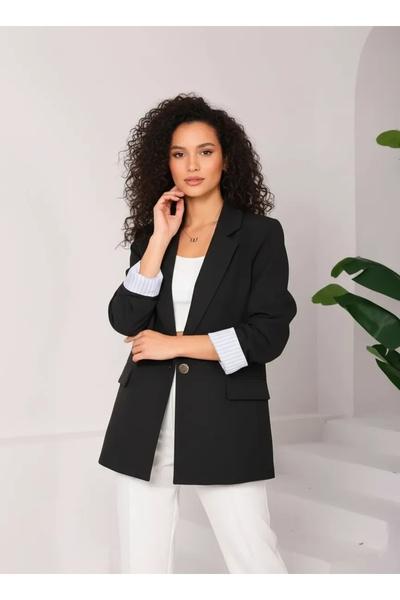 Myra Black Blazer Jacket with Lining Trim