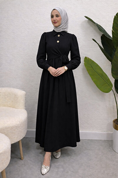 Tesettür Diyarı Καλοκαιρινό υφασμάτινο φόρεμα με πέτρινα κουμπιά και ασύμμετρ...