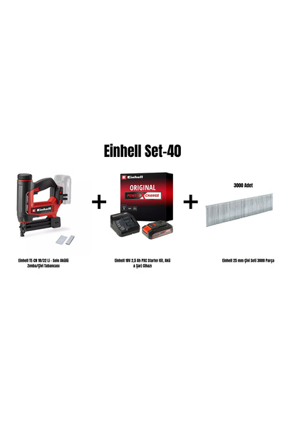 Einhell Set-40(Einhell TE-CN18/32 LiAkülü Çivi Tabancası+2,5 Ah Akü, Şarj Cih...