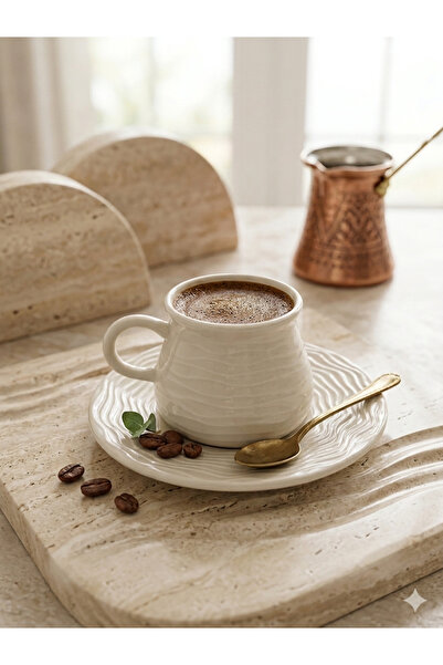 porreal Ege Dalga Serisi 6 Kişilik Kabartmalı Beyaz Porselen Türk Kahvesi Fin...