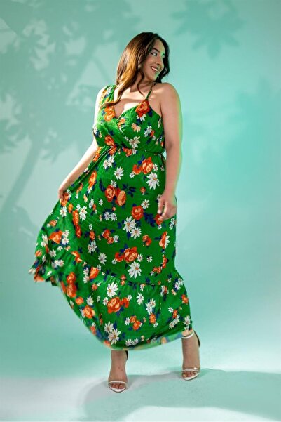 Roxxlen Γυναικείο Φόρεμα Μεγάλου Μεγέθους με Πλέξη στον Έναν Ώμο Πράσινο