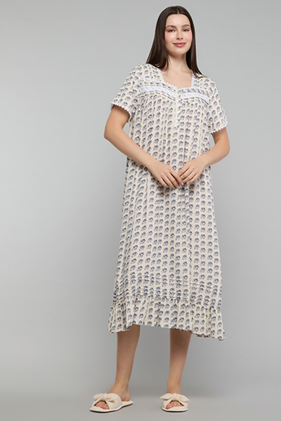 R&B Patterned Nightdress with Sweetheart Neck and Short Sleeves