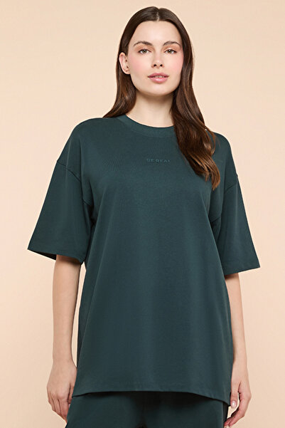 R&B Print Detail Oversized T-Shirt with Crew Neck and Short Sleeves