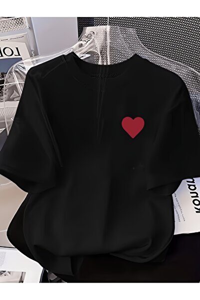 yiou trendy clothing تي شيرت كبير الحجم بتصميم قلب أحمر صغير مطبوع بزر واحد