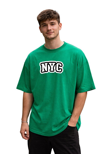 DUBU BUTİK Unisex Oversize Πράσινο μπλουζάκι NYC με στάμπα 100% βαμβάκι, φαρδ...