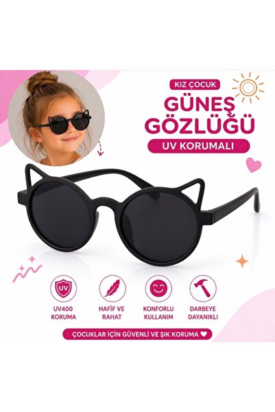 synshop Girls' Sunglasses with Uv400 Protection Cat Ear Round Model Black Lig...