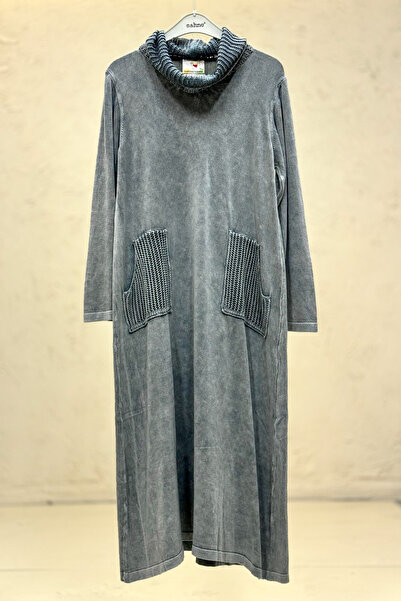 sahnemoda Collar and pocket mesh detail long oversize washed dress