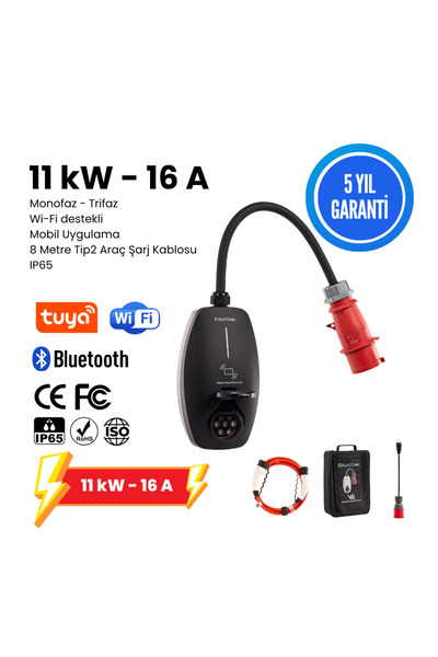 11 KW V3 Türkçe Mobil Uygulama 5 Yıl Garanti, (8 mt Tip2 Araç Şarj Kablosu, Taşıma Çantası ve 220V Dönüştürücü Adaptör)