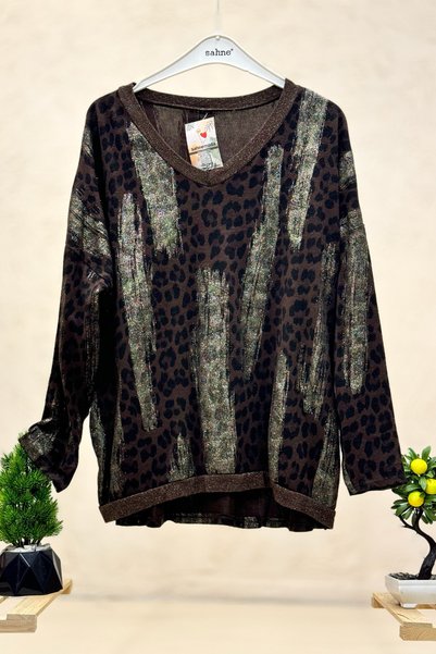 sahnemoda Leopard print v-neck glitter imported blouse