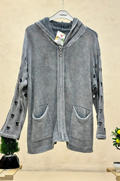 sahnemoda Hooded organic cotton cardigan with armholes and zipper