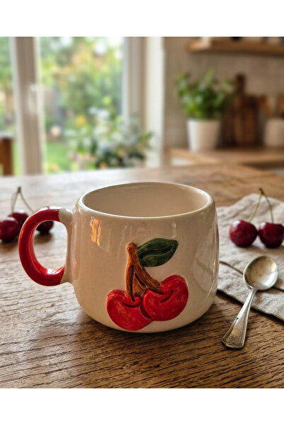 NİVRA GRUP El Yapımı Kırmızı Kulplu 3D Özel Kabartmalı El İşlemeli Kiraz Dese...