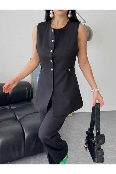 MYGİYİMİSTANBUL Κομψό και μοντέρνο σετ δύο τεμαχίων με χρυσά κουμπιά, αμάνικο...