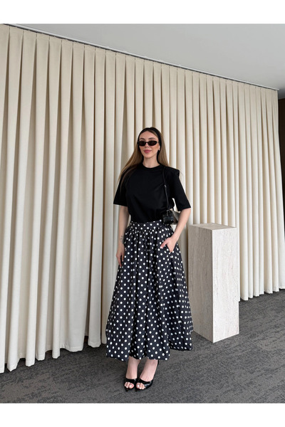 Laluvia Μαύρη Μίντι Φούστα Μπαλόνι με Πουά - 8014