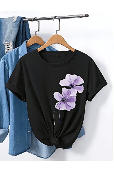 yiou trendy clothing تي شيرت كبير الحجم مطبوع عليه زهرة أرجوانية بقطعة واحدة ...