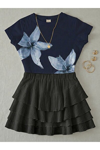 NİCE Γυναικείο Σετ με Φλοράλ Στάμπα - Κοντομάνικο Μπλουζάκι Λύκρα και Κοντή Φ...