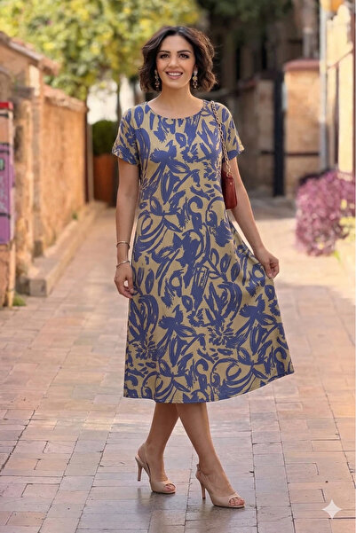 Nevin Kaya Moda Κρεμ μπλε φόρεμα με στρογγυλή λαιμόκοψη και μοτίβο