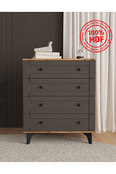 Teen & Bright %100 MDF Toprak 4 Çekmeceli Şifonyer - Antrasit
