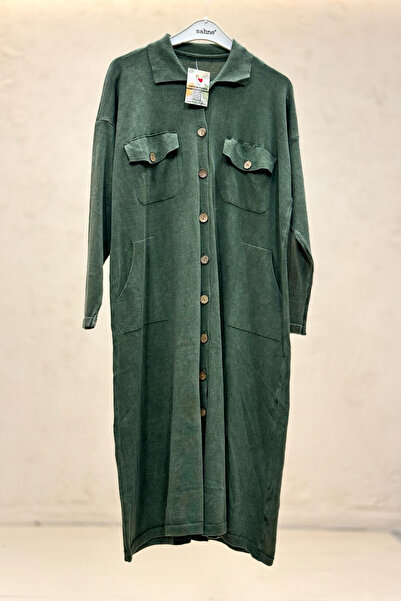 sahnemoda Collared buttoned pocketed organic long cardigan