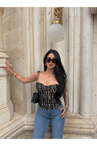 kırmızı butiks Μαύρος δαντελένιος κορσές Slay