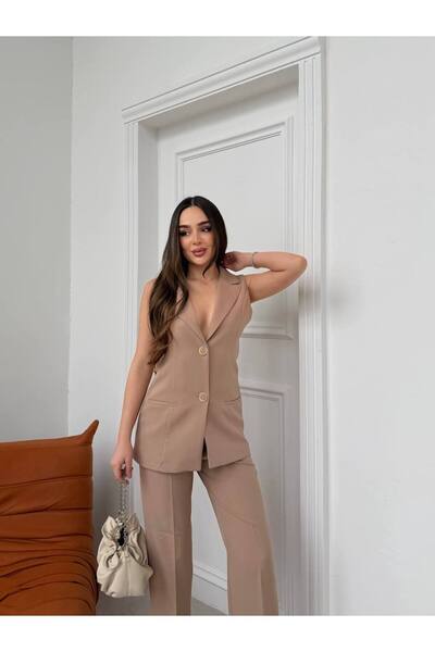 D'RECCY Women's Button Detailed Vest Blazer Jacket Pants Set