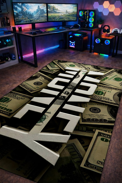 gxe.art Para Temalı Cash Yazı Modern Tasarım Yıkanabilir Kaymaz Taban Halı