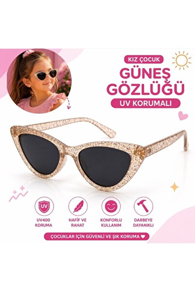 synshop Uv400 Protection Girls' Sunglasses Cat Eye Model Silvery Gold Beige L...
