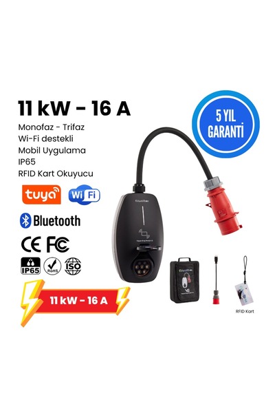 EVwallbox 11 KW V3 Türkçe Mobil Uygulama 5 Yıl Garanti Taşıma Çantası, Dönüşt...