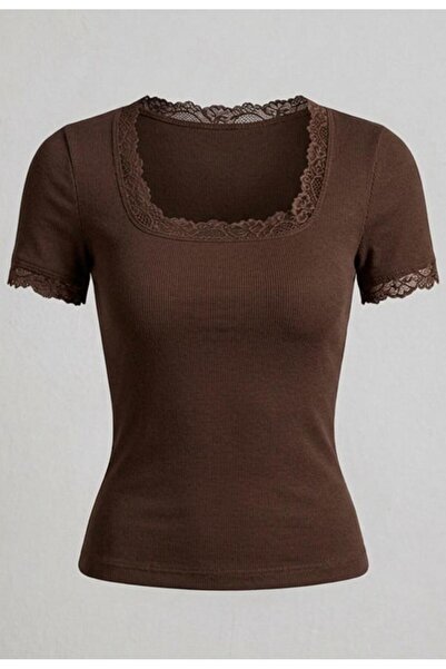 EVOA Γυναικεία μπλούζα με τετράγωνο γιακά και κεντημένη δαντέλα