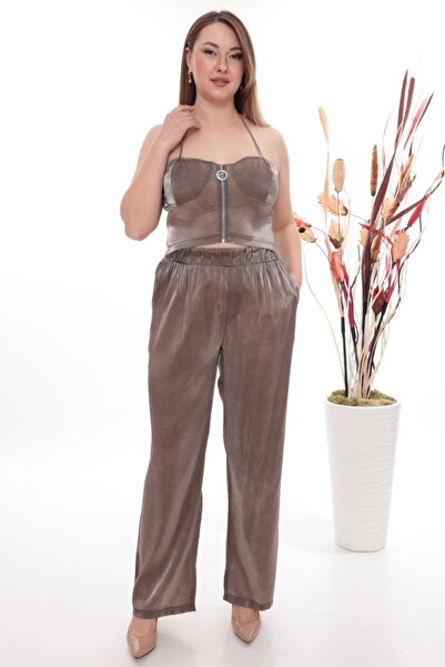 JERFİ Women's Plus Size Bustier Shiny Two-Piece Set