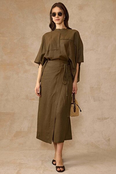 Olcay Φούστα Anvelop, Χαλαρή Μπλούζα, Σετ Λινό Διπλό Κοστούμι ΧΑΚΙ 9455-TK
