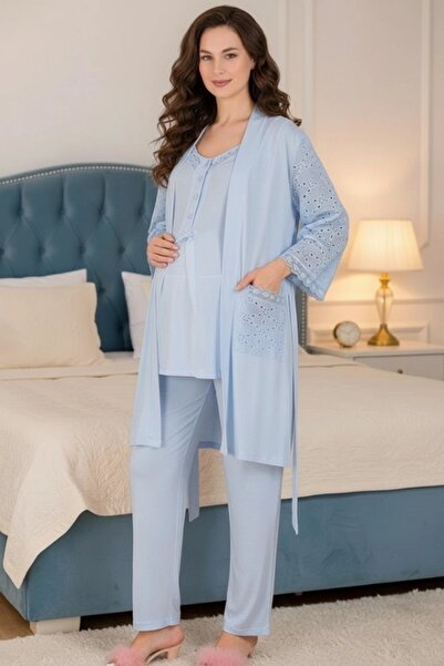 LOHOUSE Kadın Fisto Dantelli 3'Lü Sabahlıklı Lohusa Hamile Pijama Takım Seti