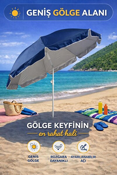 hak-iş oyuncak Lacivert-Bej 200 cm Ayarlanabilir Fon Model Plaj Şemsiyesi