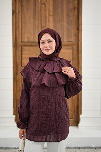 LOCCO Kadın Kendinden Çizgi Desenli Yaka Büzgülü Tunik Mürdüm