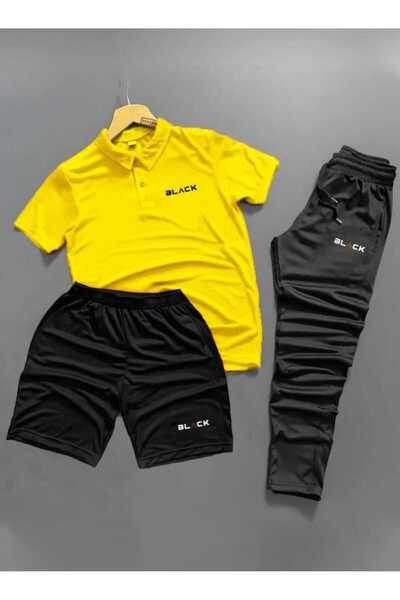 ByFourMan Σετ ανδρικής φόρμας 3 τεμαχίων με μαύρο στάμπα Polo Collar, με μπλο...